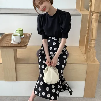 

ZAWFL 2020 Summer New Fashion Floral High Waist Hip Mermaid Skirt Set Women Puff Sleeve Tops + Chiffon Midi Skirt Two Piece Set