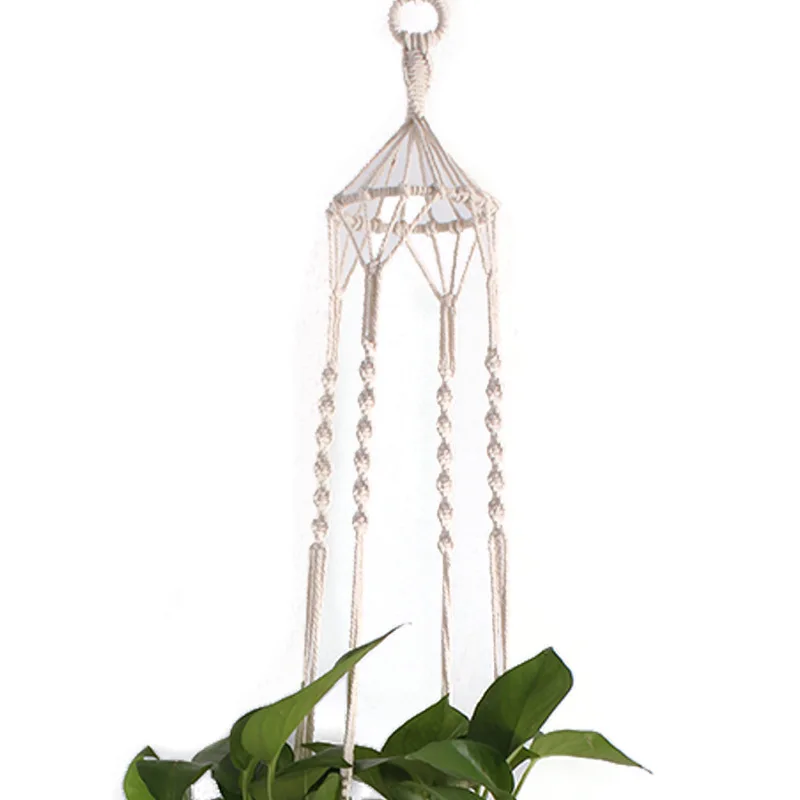 Horticulture Flowerpot String Bag Hand-woven Natural Thin Cotton Rope String Bag Basket Meat Plant Lanyard Wooden Stick Tapestry