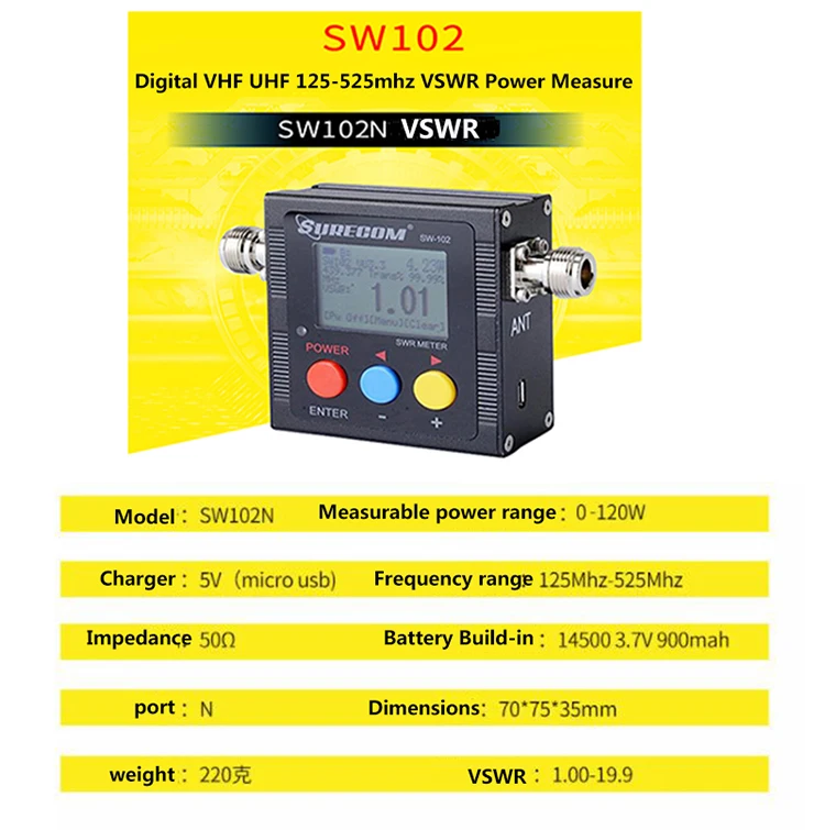 Surecom SW-102 125-525Mhz VHFUHF Antenna Power & SWR MeterDigital VHFUHF SWR & POWER WATT METER (10)