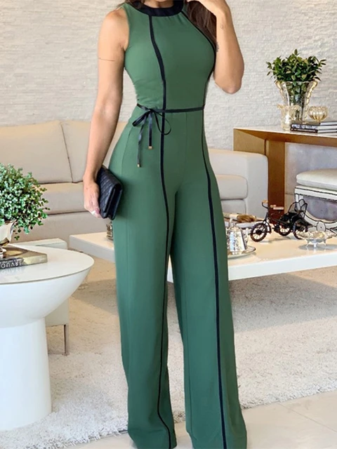 2021 Summer Lady Green Jumpsuit Sleeveless Long Legged Elegant Vacation Long from Vintage Office 2