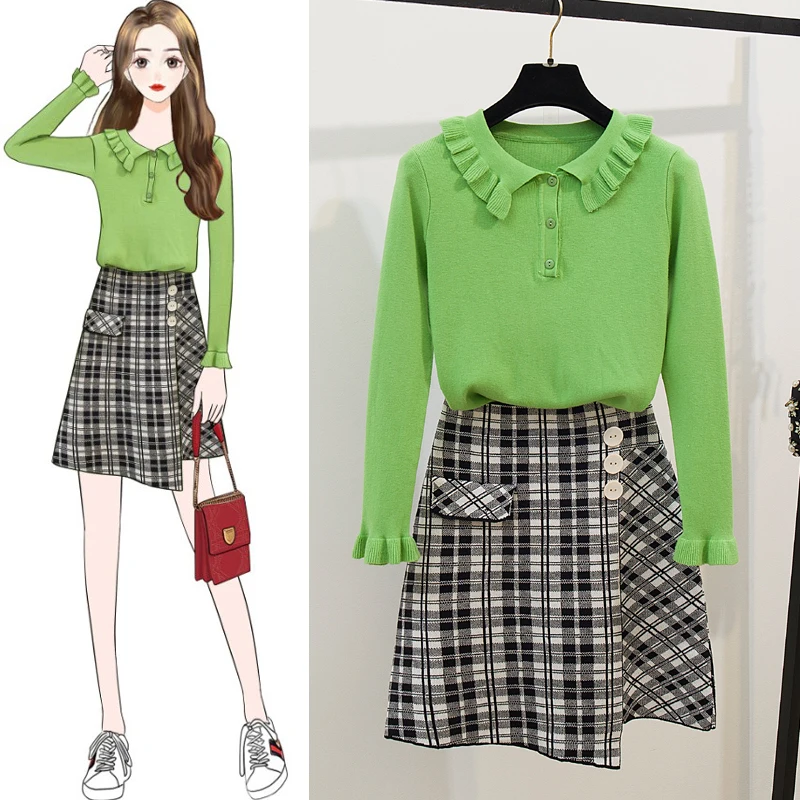 

Autumn Winter Women Suit Pullover Long Sleeve Sweater With Irregular Pleated Grid Skirt Two-Piece Clothing Set Outfit Knitwear