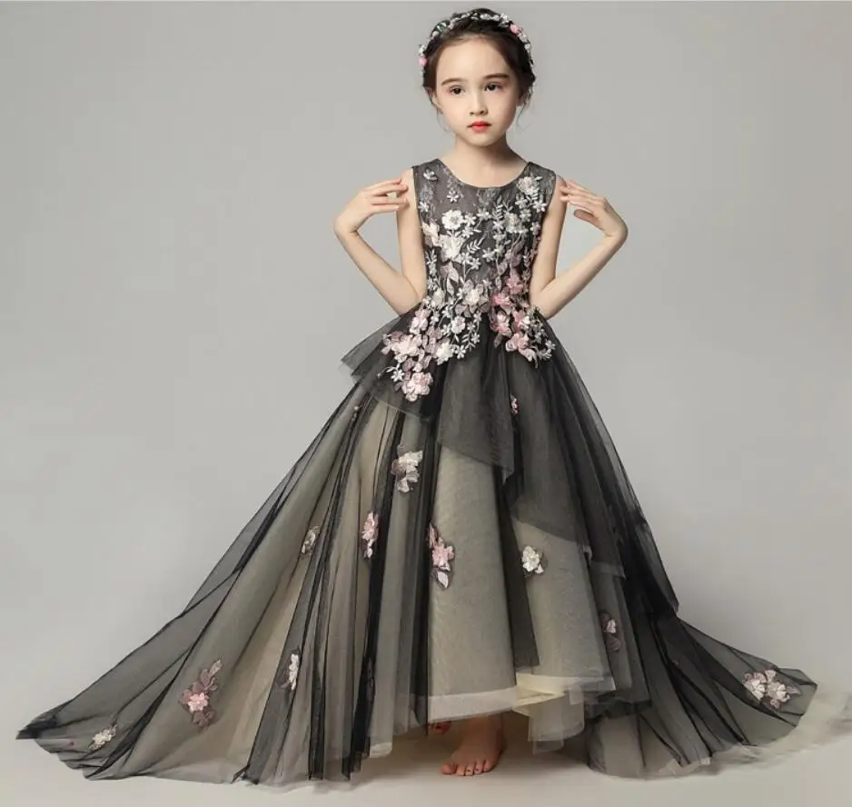 

Long Trailing Tulle Girl Princess Formal Dress Beads Flower Evening Prom Party Pageant Ball Gown Flower Girl Dresses For Wedding