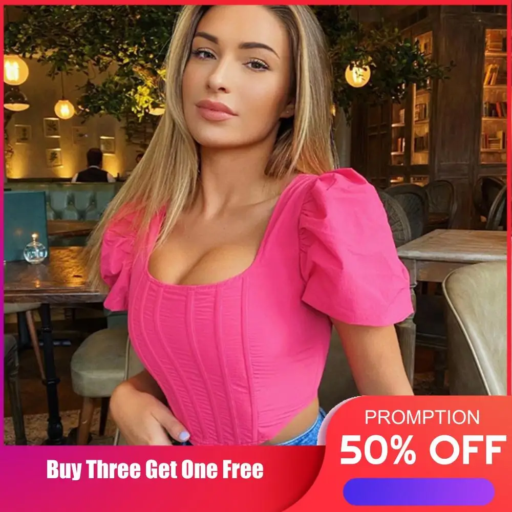 

Three Ratels 2020 New Corset Tops Square Neck Backless Short Puff Sleeve Bustier Crop Top Women Sexy Casual Streetwear Blouses