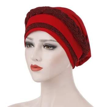 

Muslim Braided Milk silk Indian hat Turban Hijab Islamic Ladies Stretch Head Wrap bright yarn Double Color Spell Muslim Toque