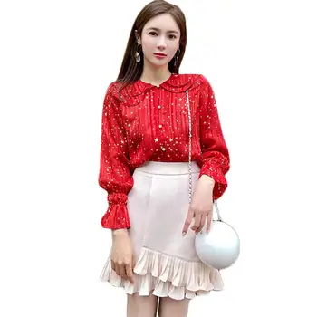 

Women 2020 Autumn Winter Elegant 2 Pieces Set Female Stars Pattern Chiffon Blouse Shirt Tops And Ruffle Mermaid Skirt Suit T289