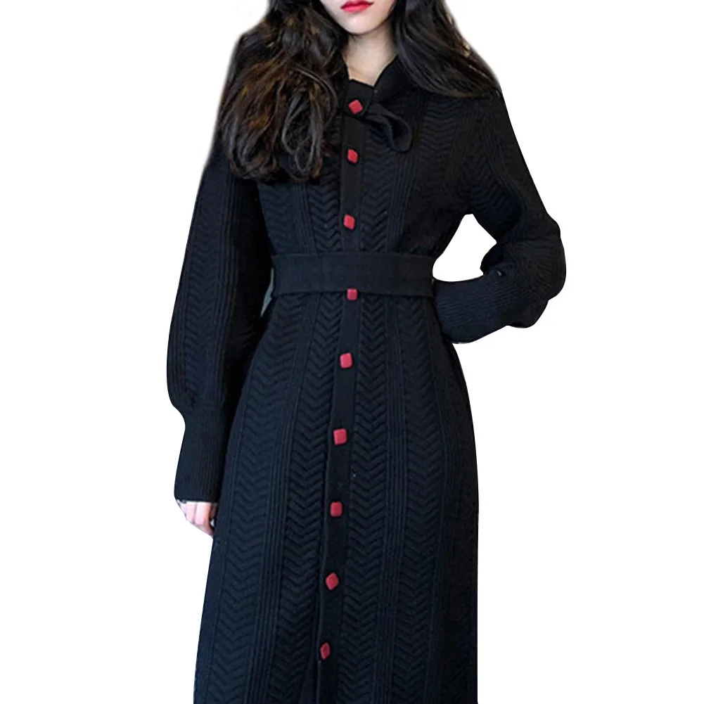 Черный New Fashion Women Knit Cardigan Dress Bow Long Sleeve Button Dress Split Casual Dresses J9 - Цвет: Черный