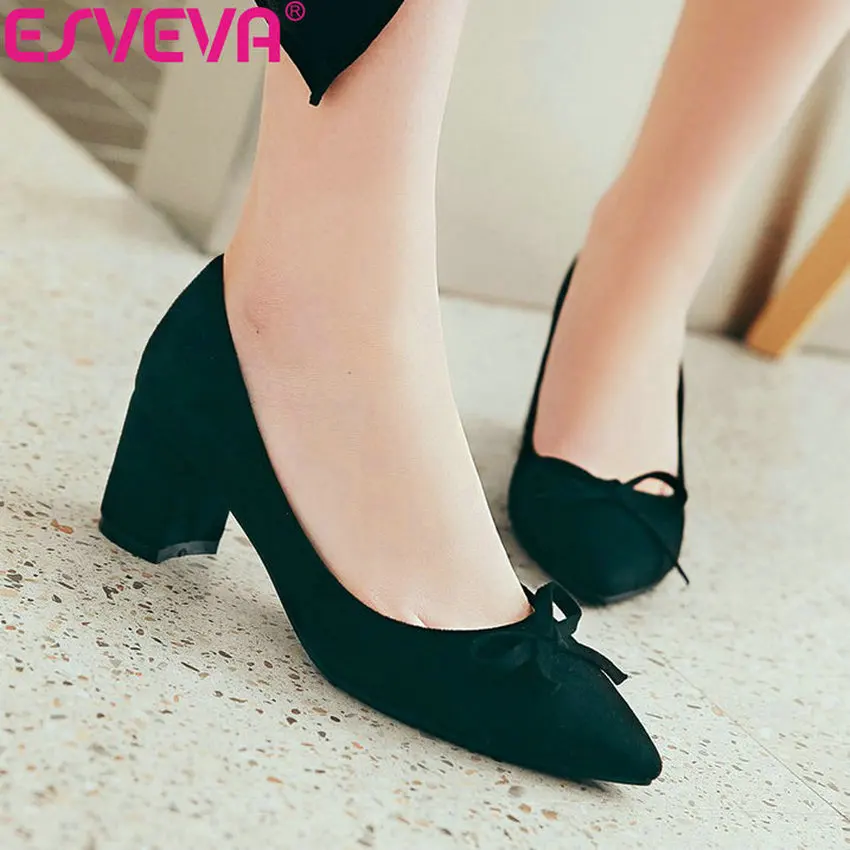 Женские туфли лодочки без застежки ESVEVA на высоком квадратном каблуке с бантом