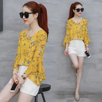 

New Fashion Blouse Women Autumn Summer Shirt Chiffon Floral Top Print Shirts V Neck Sexy Blouses Streetwear Plus Size 5XL Tops