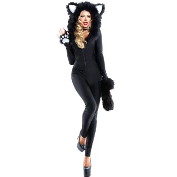 

Bodysuit For Women Halloween Cosplay Party Sexy Black Cat Slim Tight Cos Costume Long Sleeve Uniform Suit Bodysuit&Gloves