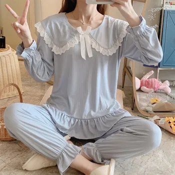 

2020 New Cute Sweet Princess Pajamas Women Cotton Pyjamas Set Femme Home Clothes For Spring Autumn Solid color Sleeping Suit