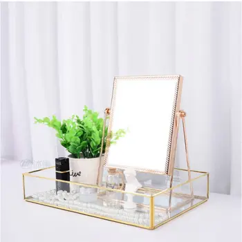 

360 Rotating Nordic Single-Sided Countertop Mirror Geometric Golden Edge Vertical Makeup Mirror With Stand Desktop Decorative