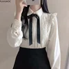 Ruffled Autumn Spring Basic Office Lady Work Wear Women Single Breasted Button Solid Peter Pan Collar Top White Shirts Blouses 3