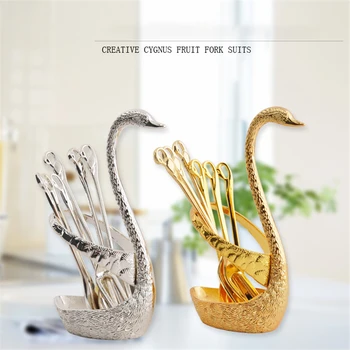 

Swan Base Holder Fruit Forks Set Stainless Steel Salad Dessert Forks Spoon Coffee Cake Tools Tableware 4YANG