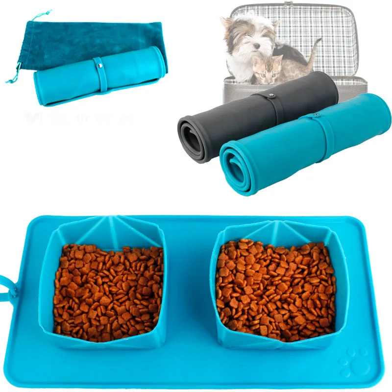 

Collapsible Pet Bowl Portable Travel Dog Cat Feeder Double Expandable Large Feeding Mat Silicone Foldable pet Double Bowl