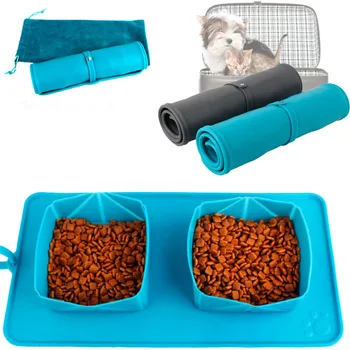 

Collapsible Pet Bowl Portable Travel Dog Cat Feeder Double Expandable Large Feeding Mat Silicone Foldable pet Double Bowl