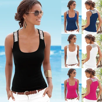 

2020 Summer Womens Shirt Vest Elastic Sleeveless Tops Sequins O Neck Camisole Beach Casual Style Solid Clothing