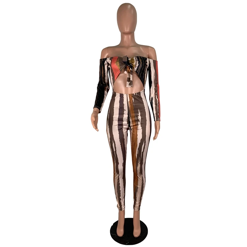 Sexy Off Shoulder Rompers Womens Jumpsuit Long Sleeve Print Bandage Bodycon Jumpsuit Autumn Elegant Party Sexy Club Jumpsuit