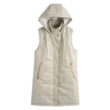 

2022PU Faux Leather Long Parka Coat Hooded Single Breasted Waistcoats Women Winter Warm Thick Cotton Vest Casual Loose Outerwear