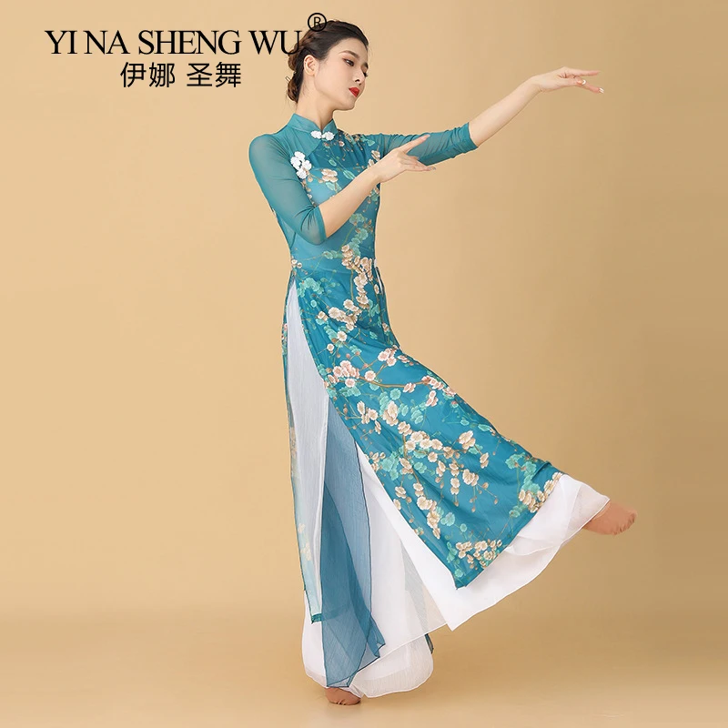 Classical Dance Clothes Cheongsam Net Gauze Printing Chinese Wind Dance Gauze Clothing Folk Dance Performance Practice Clothes