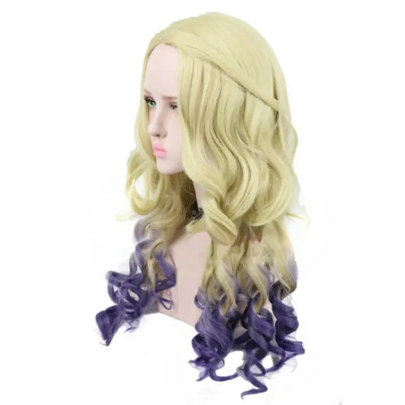 Mal Descendants 2 Long Curly Light Gold Gradient Purple Cosplay Anime Wig+ Free Wig Cap