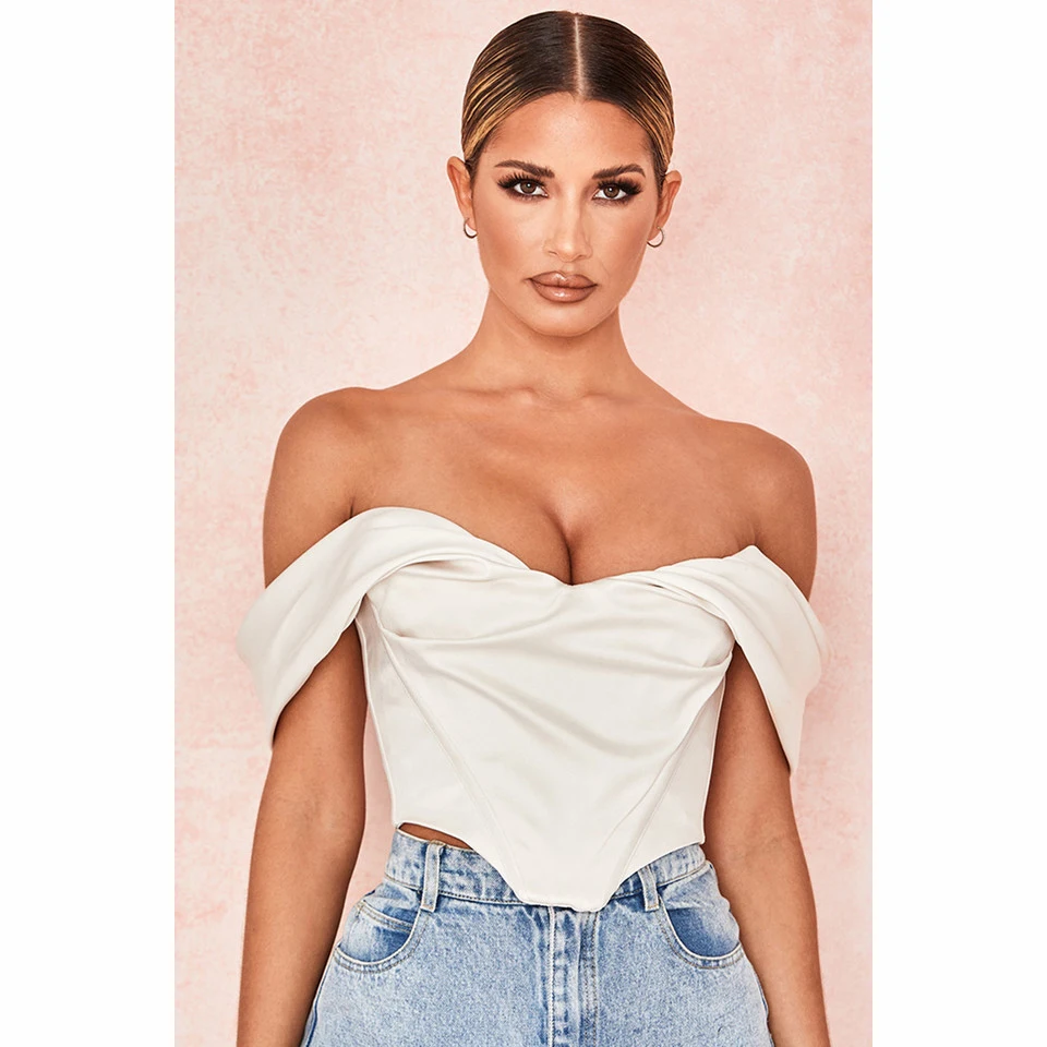 

summer women's tops 2020 sexy one-word neck wrap chest strapless open back top high quality diamond fish bone zipper T-shirt