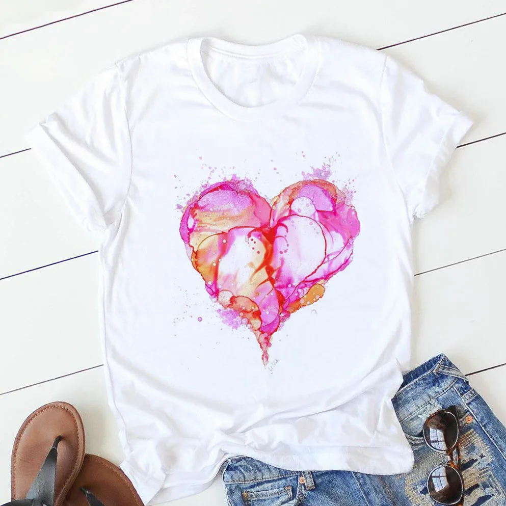 pink heart flower Print Women tshirt Short Sleeve Print Clothes Ladies Womens T-Shirt Graphic Tops Clothes Female T-shirts