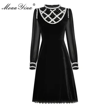 

MoaaYina Fashion Designer dress Spring Women's Dress Lace Long sleeve Knitting Beaded Velvet Slim Elegant Dresses
