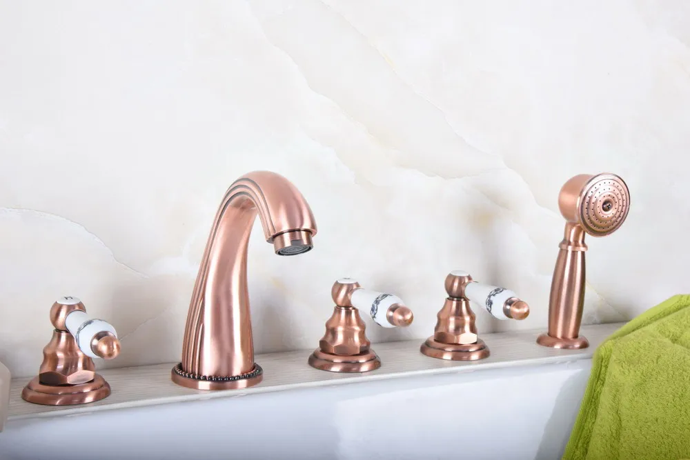 

Antique Red Copper Five Hole Deck Mounted Bathroom Tub Faucet Set with 150CM Handheld Spray Shower Mixer Tap 2tf188