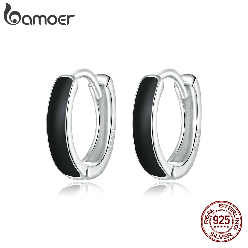 bamoer 1 Pair Silver Black Hoop Earrings for Women 100% 925 Sterling Silver Enamel Drop Oil Earring Party Jewelry SCE1047