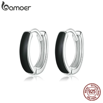 bamoer 1 Pair Silver Black Hoop Earrings for Women 100% 925 Sterling Silver Enamel Drop Oil Earring Party Jewelry SCE1047