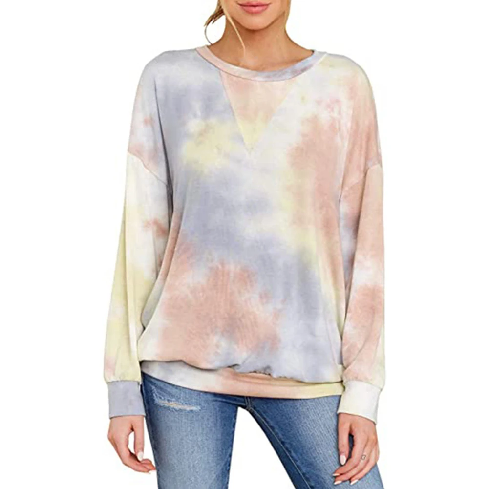 

HUNTER WISH Lady Teen Girls Sweatshirt Casual Tie Dye Gradient Color Sweatshirts Loose Fit Pullover Tops Leisure Office Vacation