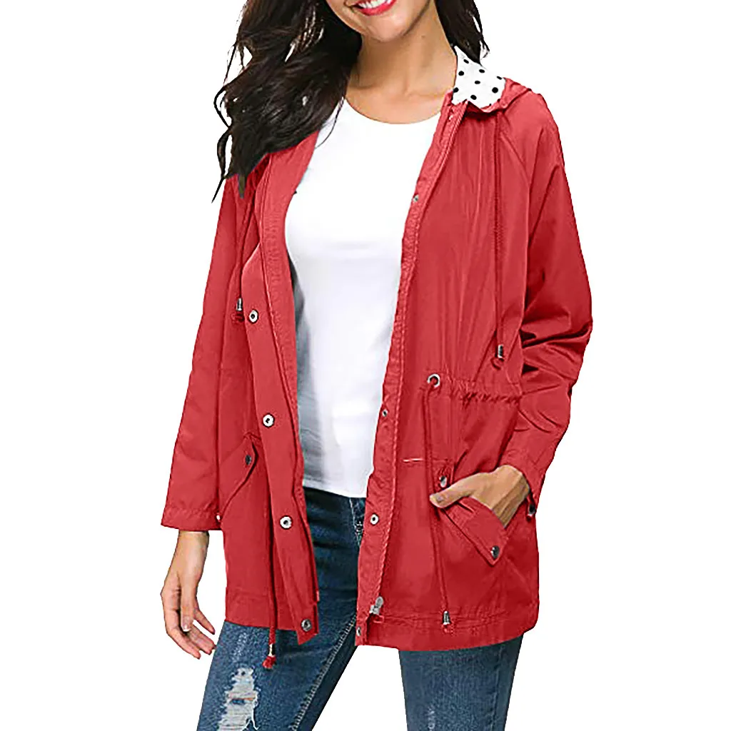 Плюс размер женская уличная Водонепроницаемая легкая ветровка, куртки с капюшоном, дождевик, женское однотонное Свободное пальто для пеших прогулок с карманом