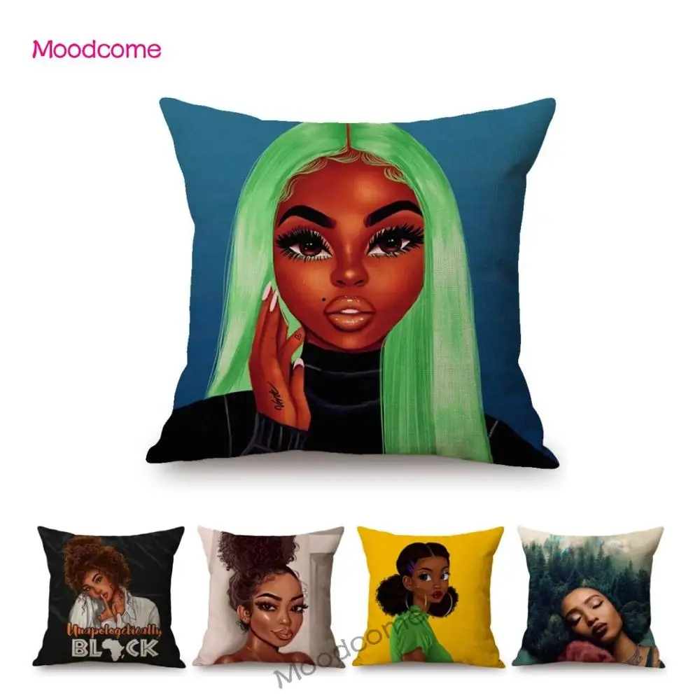 

Black Africa Trendy Comics African Girl Cartoon Home Decorative Throw Pillow Case Sofa Chair Cotton Linen Cushion Cover Case