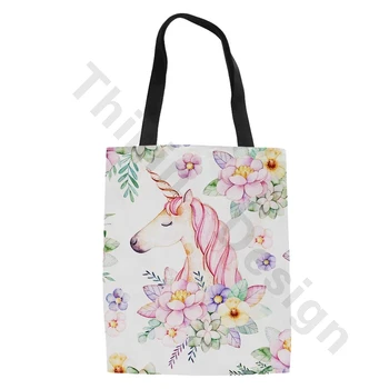 

THIKIN 2020 Pretty Floral Unicorn Handbags Women Canvas Shopping Bags for Girls Ladies Flowers Messenger Tote Bag Custom Pattern