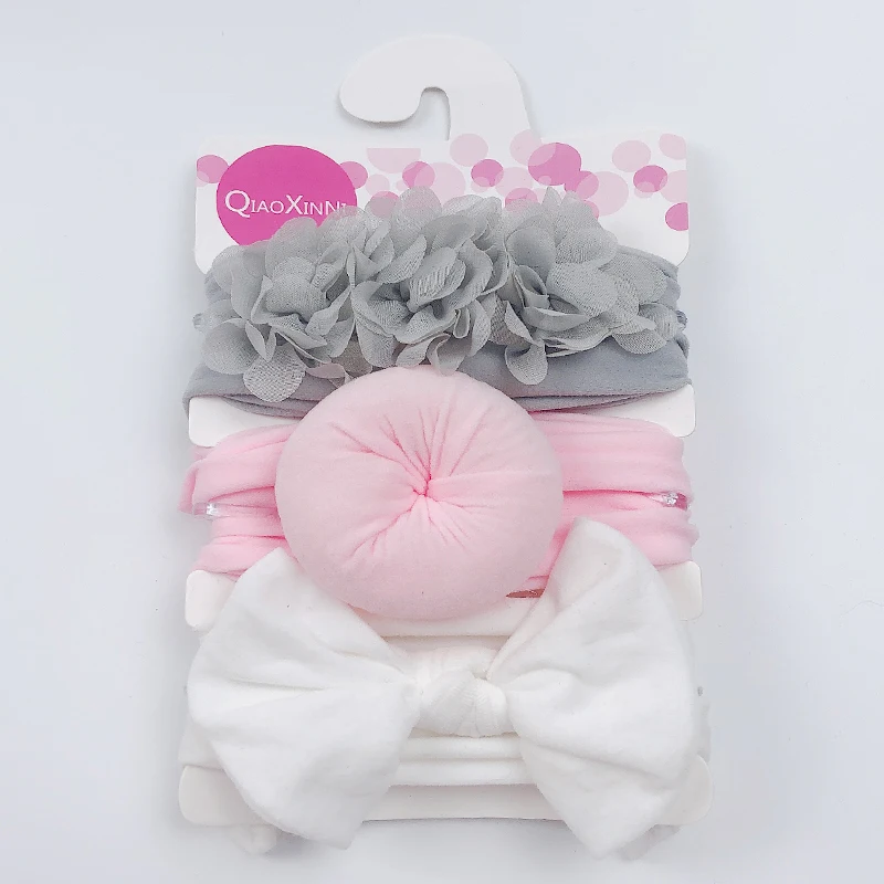 3 unids/set elástico Flor de Gasa diadema para bebé niñas accesorios para el pelo de bebé lazos para chicas de Nylon de Color sólido de pelo turbante banda