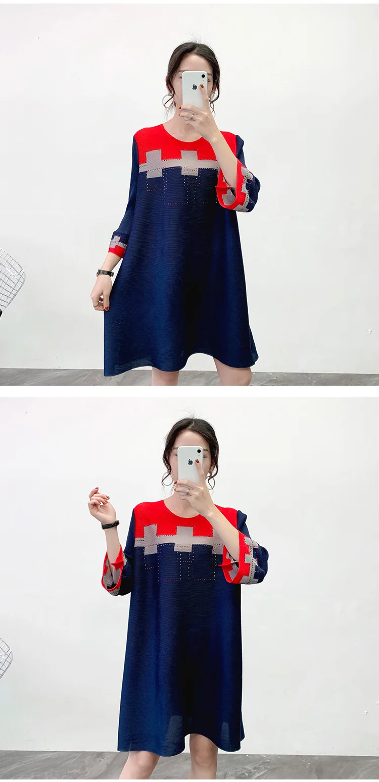 Miyake pleated color blocking dress spring new loose large size pleated dresses women free shipping