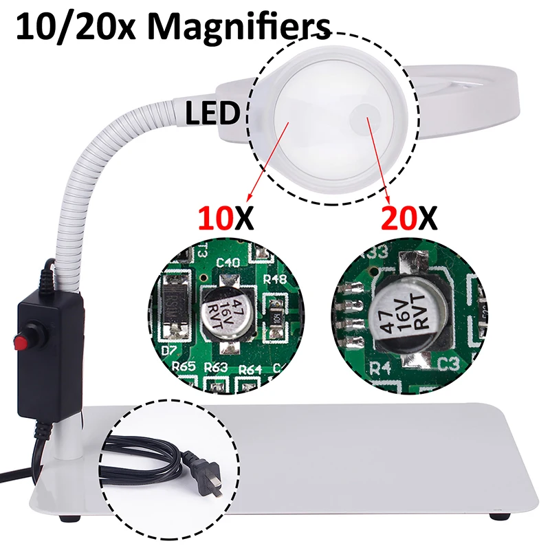 Лупа с подсветкой 10/20X увеличительное стекло со светодиодной подсветкой настольная лампа лупы Лупа для салона красоты для чтения