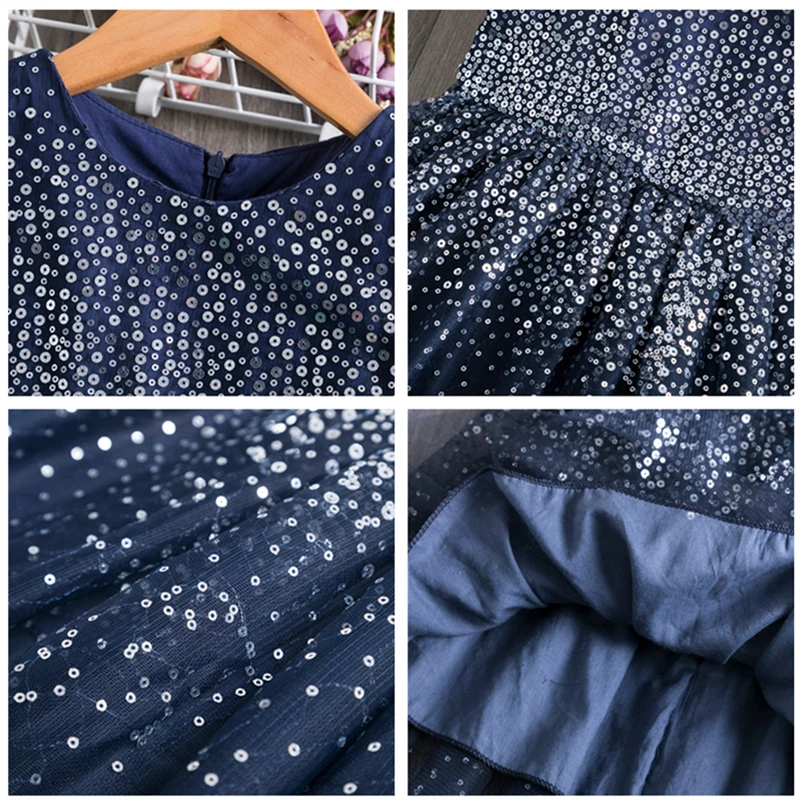 3-8 Years Kids Dress for Girls Party Dress Navy Blue Children Clothing Shiny Sequins Princess Pageant Frock Birthday Costume