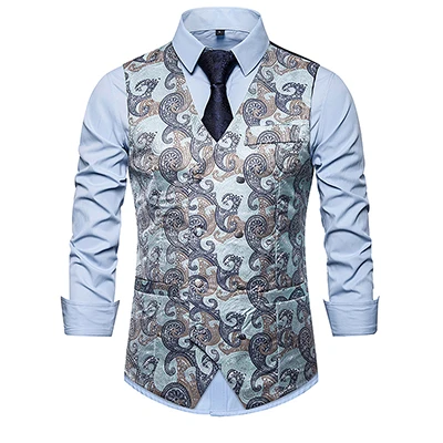 light blue Осенний мужской умный повседневный костюм жилет кешью цветы шаблон жилет двубортный дизайн в обтяжку жилет Плюс Размер Топы - Цвет: light blue