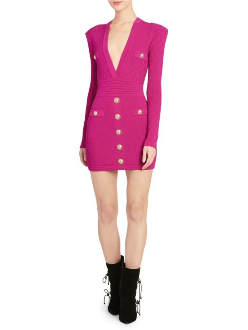 

Fashion Vestido Rose Winter Long Sleeve Jacquard V-Neck Sexy Rayon Bandage Dress Celebrity Women Dress Club Party Dress