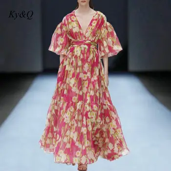 

Vintage Runway Women Boho Elegant Chiffion Clothes 2020 Summer V-neck Floral Red Print Maxi Dress Short Sleeve A-line Dress
