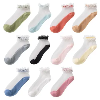 

Women Ultra-Thin Low Cut Boat Socks Clear Glass Crystal Ruffles Lace Hosiery M6CD