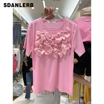 

Tshirt for Woman Summer Loose T Shirt Pretty Three-Dimensional Bow Short Sleeve T-shirt Female Personality Top Ladies Tops
