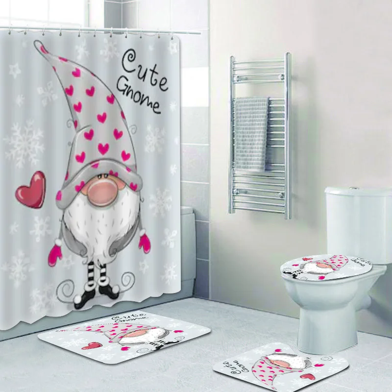Happy Valentine's Day Gnome Elf Shower Curtain Set For Bathroom Decor w/ Hooks 