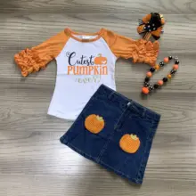 Осень, Хэллоуин, осень/зима, джинсы для маленьких девочек, детская одежда, изысканная, изящная, с тыквой, топ, джинсовая юбка, подходящие аксессуары