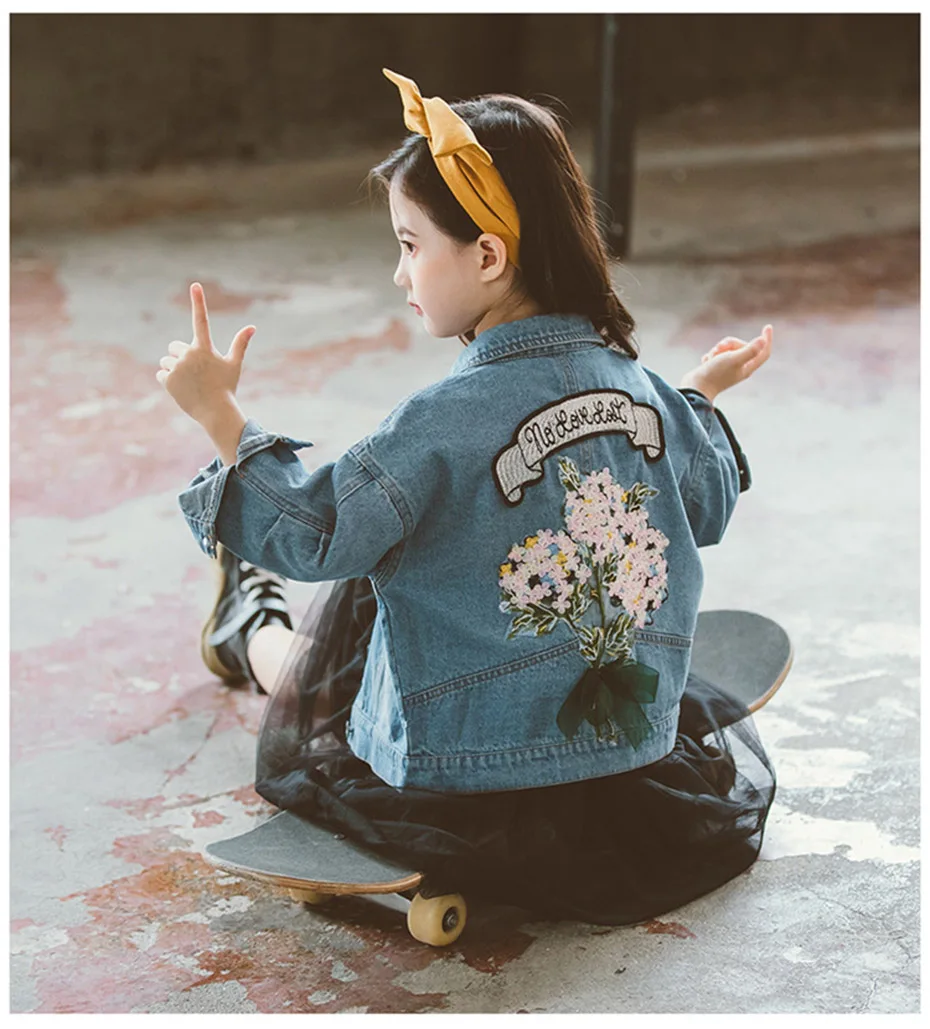 Джинсовые куртки для девочек куртка с цветочной вышивкой для детей, Повседневная стильная детская верхняя одежда осенний костюм для девочек 1, 2, 3, 4, 5, 6, 7, 8 лет