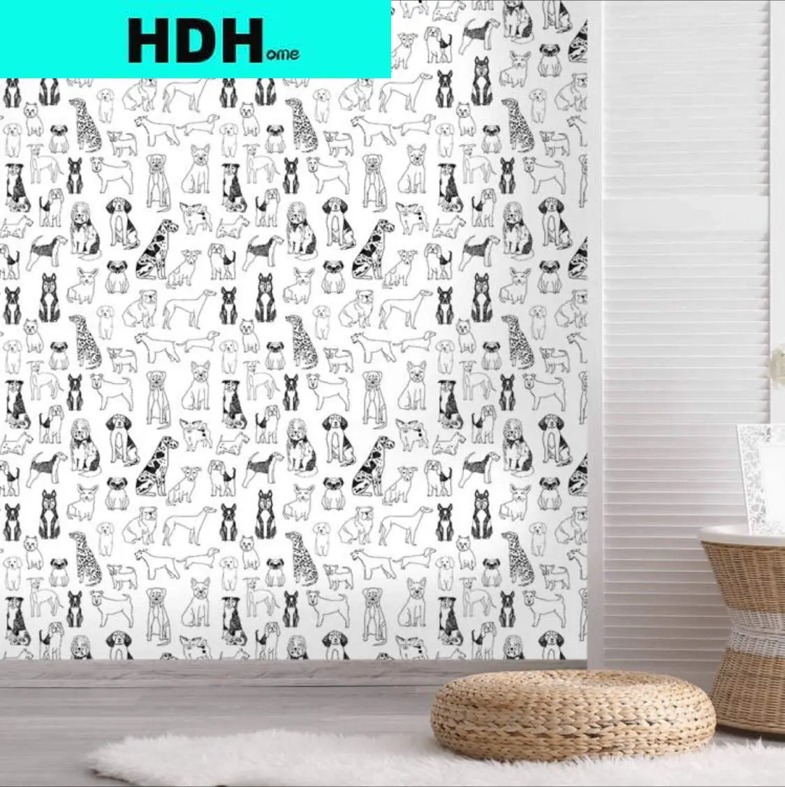 Modern Dogs Kingdom Peel and Stick Wallpaper Black and White Self-adhesive Removable Wall Decor for Home Bedroom Wall Decoration