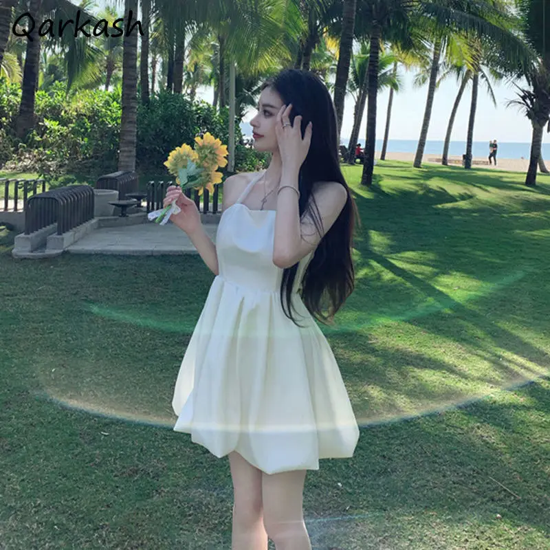 Женское летнее милое белое простое однотонное платье в стиле преппи