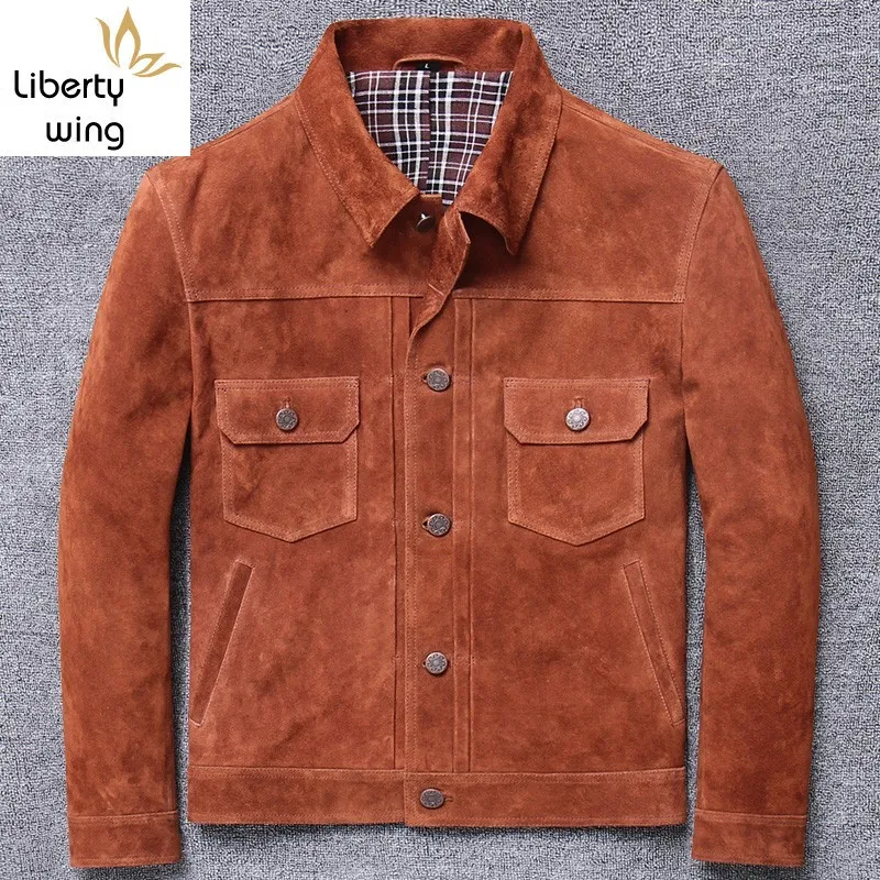 

High Quality Mens Cow Suede Vintage Slim Fit Business Genuine Leather Jacket Spring Autumn Man Outwear Coat Plus Size