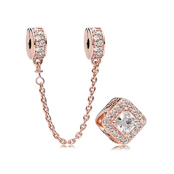 

2018 NEW 100% 925 Sterling Silver Rose Gold Geometric Radiance Charm Pack Bead Safety Chain Fit Original Bracelets Jewelry Gift